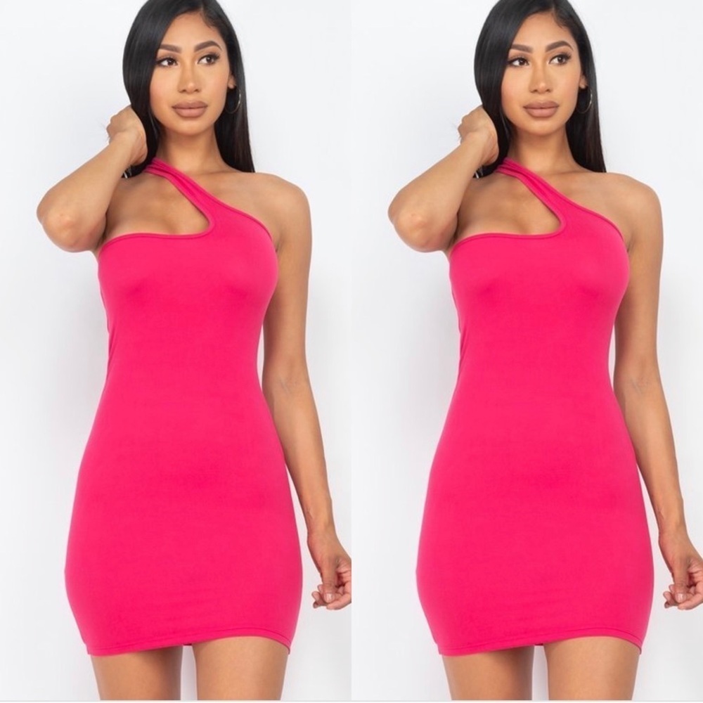 NEW TRENDY FUCHSIA ONE SHOULDER BODYCON MIDI DRESS